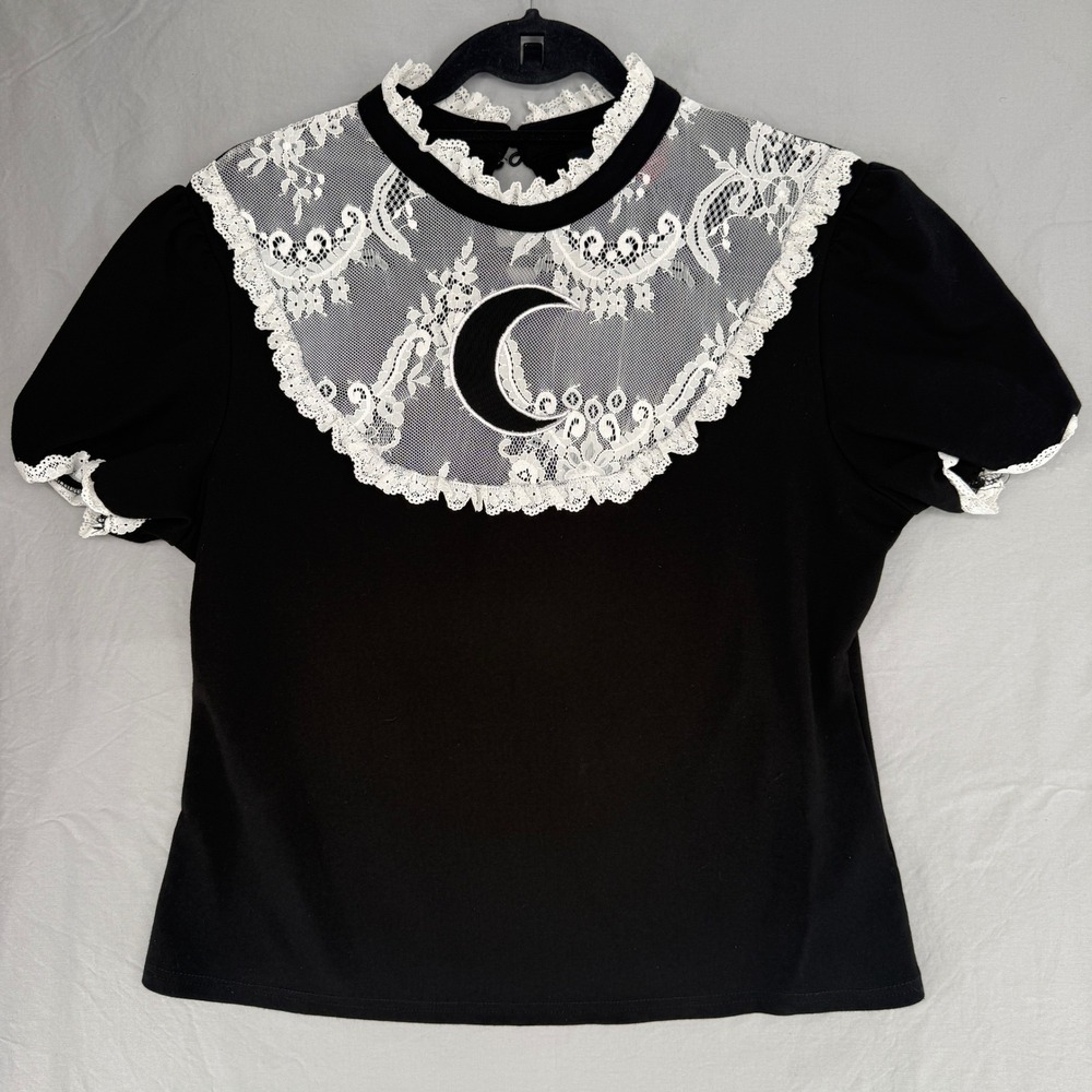 Killstar Black Crescent Moon Lace Bib Top Mock Neck Puff Sleeve XXL